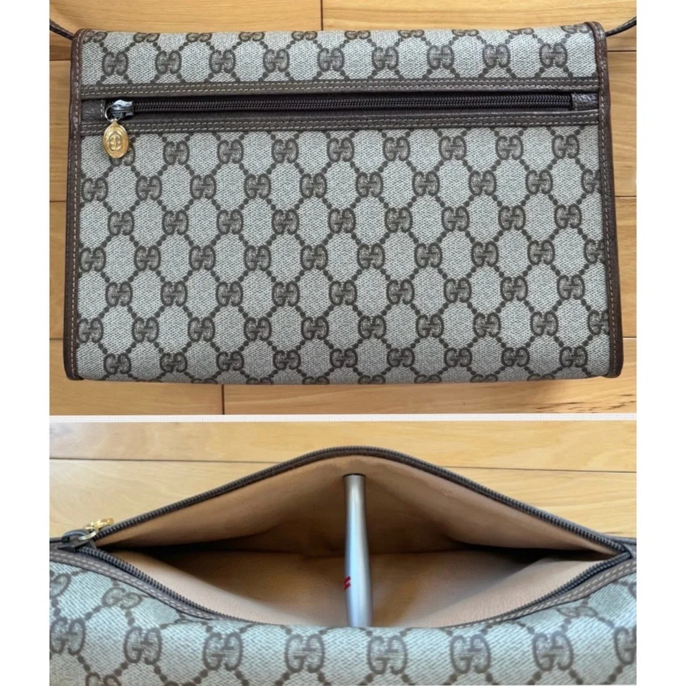 Authentic Vintage Gucci Brown Monogram Canvas Leather Flap Crossbody Clutch Bag - Picture 3 of 12